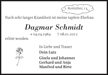 Traueranzeige von Dagmar Schmidt von Schleswiger Nachrichten