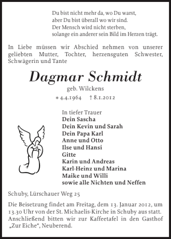 Traueranzeige von Dagmar Schmidt von Schleswiger Nachrichten