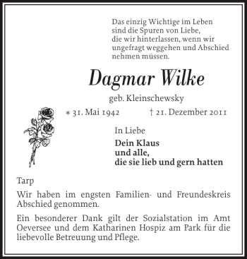 Traueranzeige von Dagmar Wilke von Flensburger Tageblatt