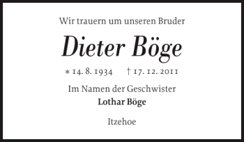Traueranzeige von Dieter Böge von Norddeutsche Rundschau