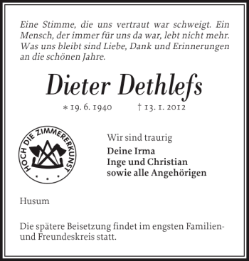 Traueranzeige von Dieter Dethlefs von Husumer Nachrichten