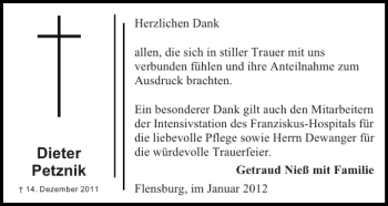Traueranzeige von Dieter Petznik von Flensburger Tageblatt