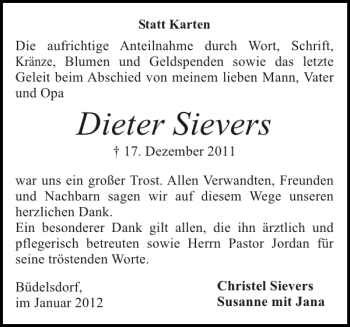Traueranzeige von Dieter Sievers von Landeszeitung