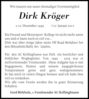 Traueranzeige von Dirk Kröger von Norddeutsche Rundschau