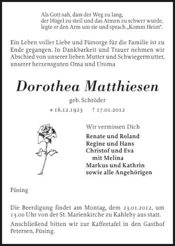 Traueranzeige von Dorothea Matthiesen von Schleswiger Nachrichten