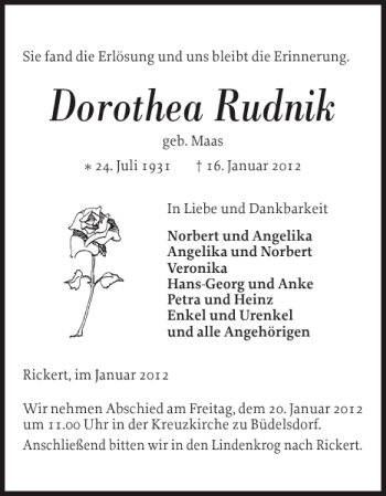 Traueranzeige von Dorothea Rudnik von Eckernförder Zeitung