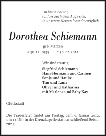 Traueranzeige von Dorothea Schiemann von Norddeutsche Rundschau