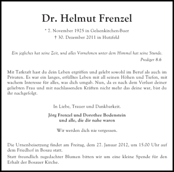 Traueranzeige von Dr. Helmut Frenzel von Ostholsteiner Anzeiger
