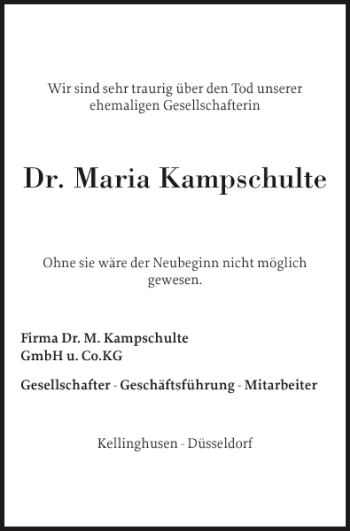 Traueranzeige von Dr. Maria Kampschulte von Landeszeitung