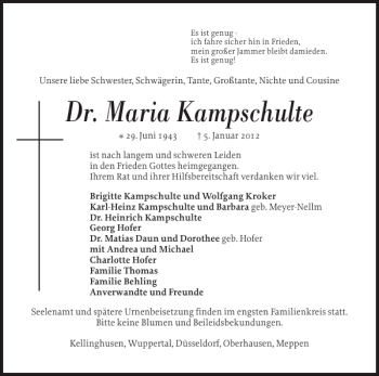 Traueranzeige von Dr. Maria Kampschulte von Landeszeitung