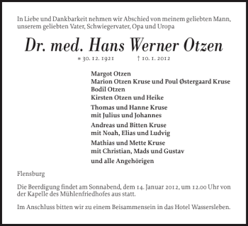 Traueranzeige von Dr. med. Hans Werner Otzen von Flensburger Tageblatt