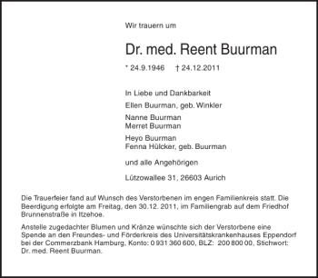 Traueranzeige von Dr. med. Reent Buurman von Norddeutsche Rundschau
