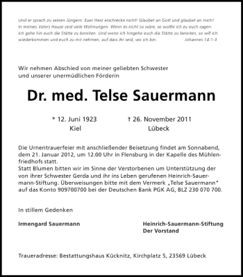 Traueranzeige von Dr. med. Telse Sauermann von Flensburger Tageblatt