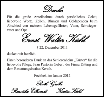 Traueranzeige von E Errnnsstt W Waalltteerr K Küühhll  von Landeszeitung