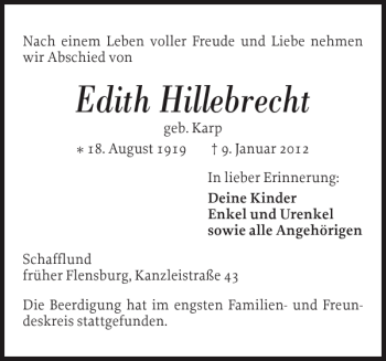 Traueranzeige von Edith Hillebrecht von Flensburger Tageblatt