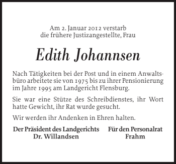 Traueranzeige von Edith Johannsen von Flensburger Tageblatt