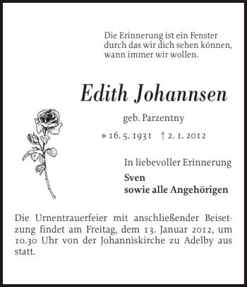 Traueranzeige von Edith Johannsen von Flensburger Tageblatt
