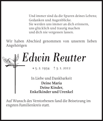 Traueranzeige von Edwin Reutter von Norddeutsche Rundschau