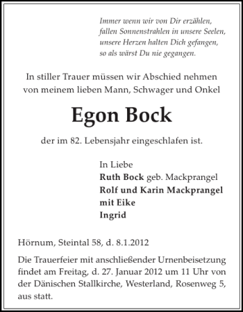 Traueranzeige von Egon Bock von Sylter Rundschau