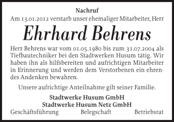 Traueranzeige von Ehrhard Behrens von Husumer Nachrichten