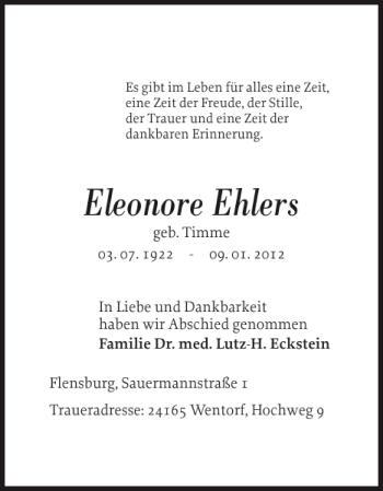 Traueranzeige von Eleonore Ehlers von Flensburger Tageblatt