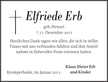 Traueranzeige von Elfriede Erb von Norddeutsche Rundschau