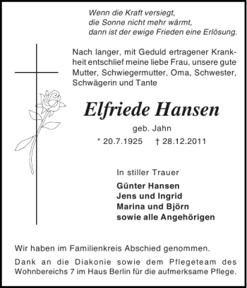 Traueranzeige von Elfriede Hansen von Holsteinischer Courier