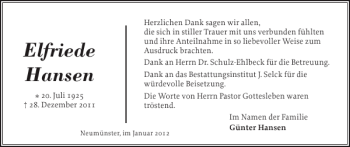 Traueranzeige von Elfriede Hansen von Holsteinischer Courier