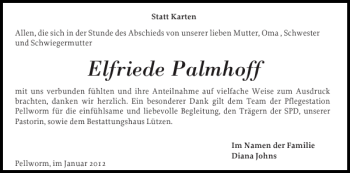 Traueranzeige von Elfriede Palmhoff von Husumer Nachrichten