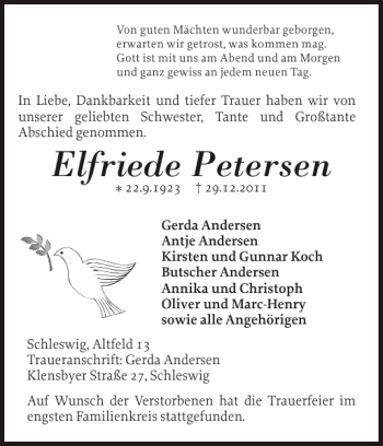 Traueranzeige von Elfriede Petersen von Schleswiger Nachrichten