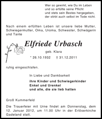 Traueranzeige von Elfriede Urbasch von Holsteinischer Courier