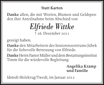 Traueranzeige von Elfriede Wittke von Schleswiger Nachrichten