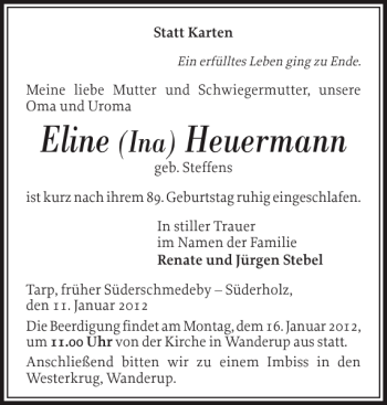 Traueranzeige von Eline Heuermann von Flensburger Tageblatt