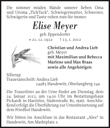 Traueranzeige von Elise Meyer von Flensburger Tageblatt