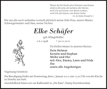 Traueranzeige von Elke Schäfer von Eckernförder Zeitung