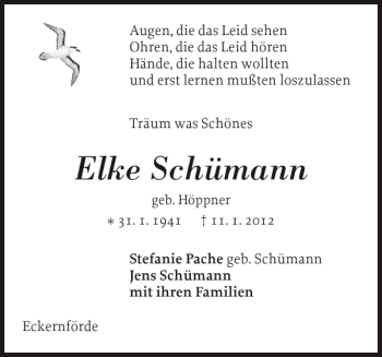 Traueranzeige von Elke Schümann von Eckernförder Zeitung