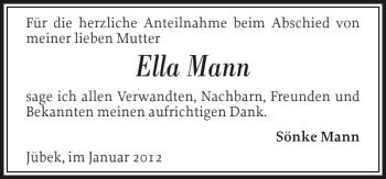 Traueranzeige von Ella Mann von Schleswiger Nachrichten