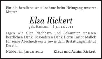 Traueranzeige von Elsa Rickert von Landeszeitung