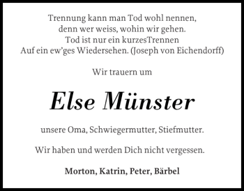 Traueranzeige von Else Münster von Stormarner Tageblatt
