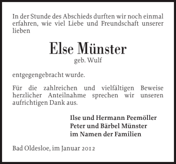 Traueranzeige von Else Münster von Stormarner Tageblatt