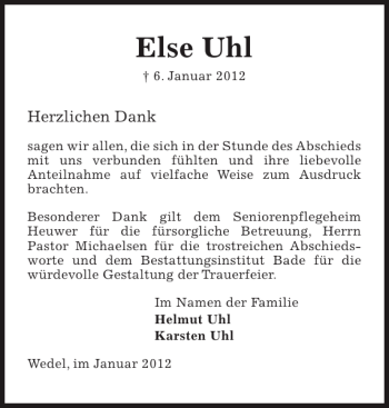 Traueranzeige von Else Uhl von Pinneberger Tageblatt
