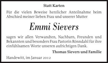 Traueranzeige von Emmi Sievers von Flensburger Tageblatt
