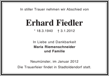 Traueranzeige von Erhard Fiedler von Holsteinischer Courier