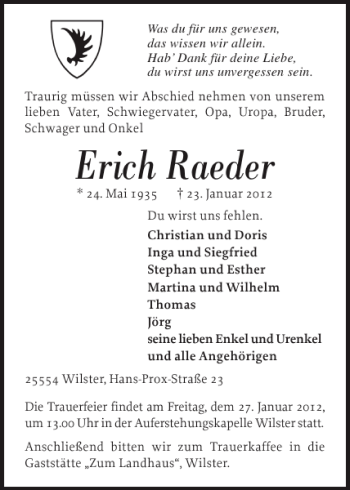 Traueranzeige von Erich Raeder von Norddeutsche Rundschau