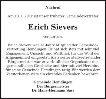 Traueranzeige von Erich Sievers von Elmshorner Nachrichten