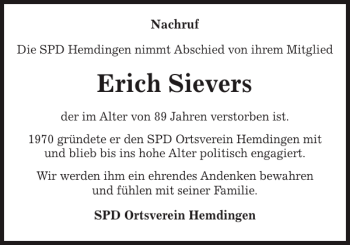 Traueranzeige von Erich Sievers von Elmshorner Nachrichten
