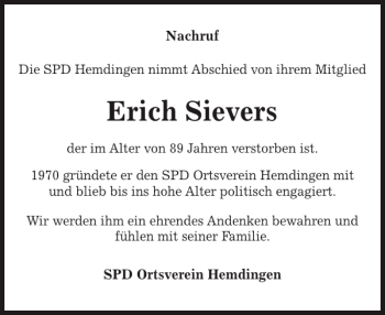 Traueranzeige von Erich Sievers von Elmshorner Nachrichten