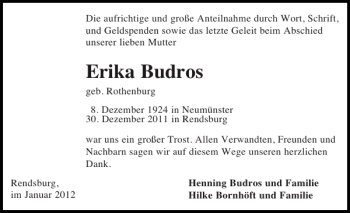 Traueranzeige von Erika Budros von Landeszeitung