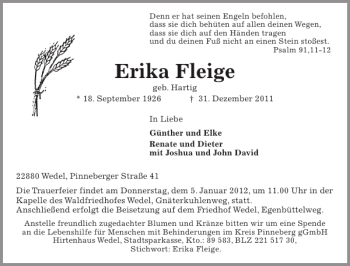 Traueranzeige von Erika Fleige von Pinneberger Tageblatt