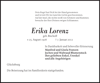 Traueranzeige von Erika Lorenz von Flensburger Tageblatt